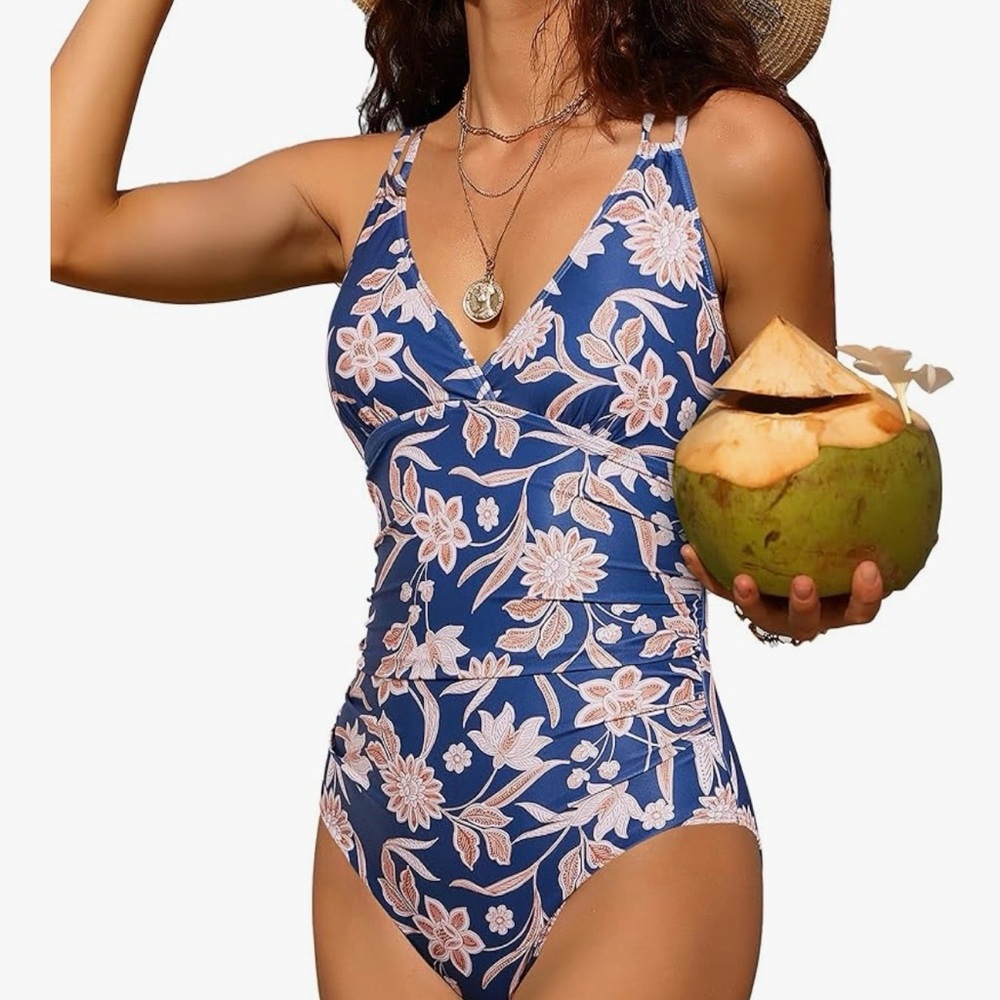 Floral V-Neck Blue One-Piece Swimsuit